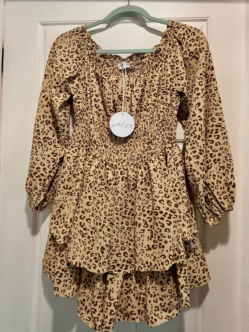 Petal & Pup Tan Leopard Print Long-Sleeve Tiered Dress